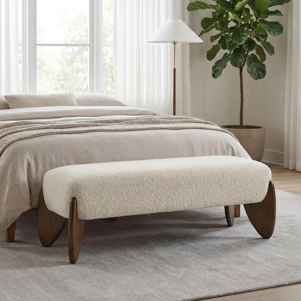 Ya-Home Modern Boucle Bedroom Bench, 50” Upholstered End of Bed Bench with Comfy Seat/Solid Wood Legs, Wooden Entryway Window Ottoman Bench for Living Room/Hallway, Beige