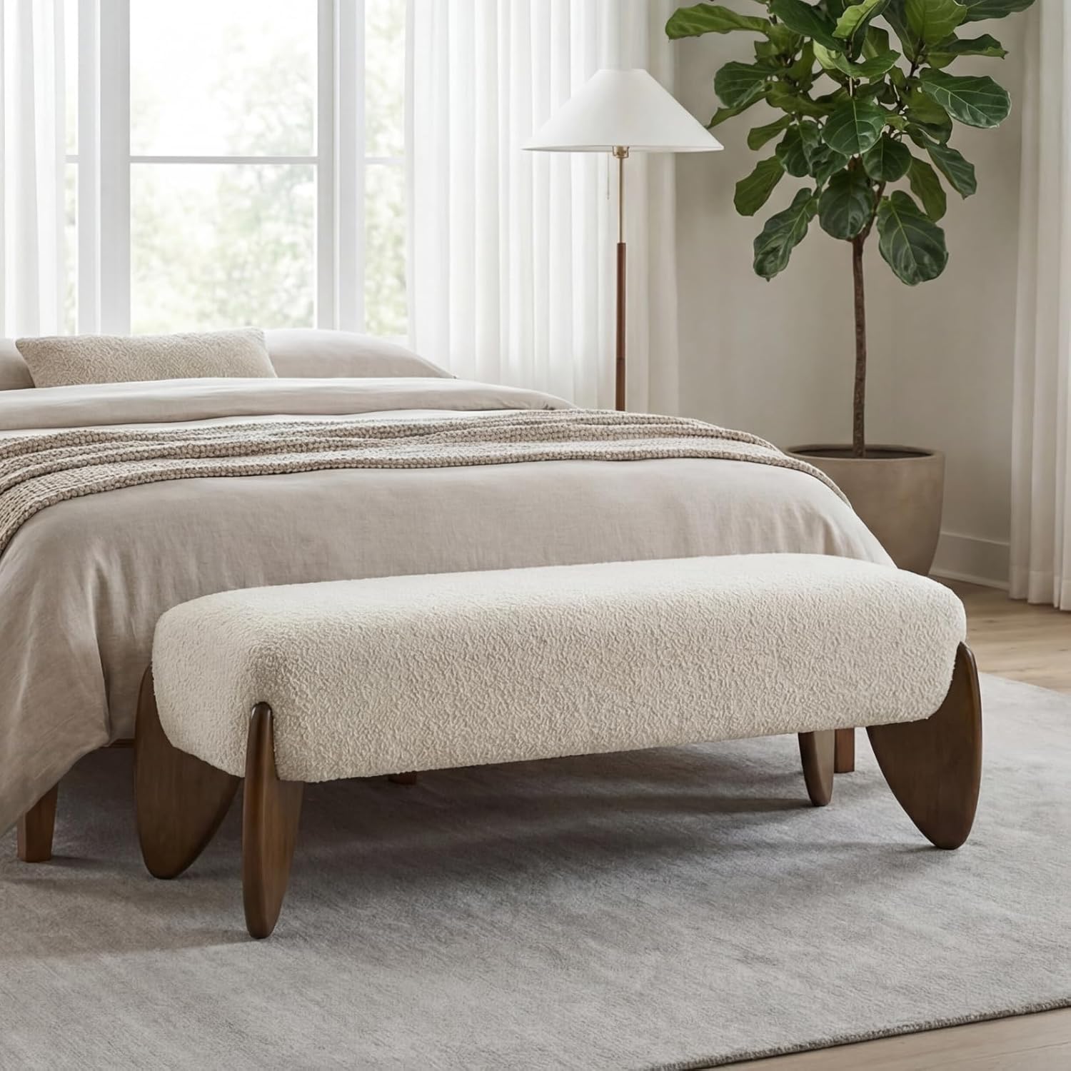 Ya-Home Modern Boucle Bedroom Bench, 50” Upholstered End of Bed Bench with Comfy Seat/Solid Wood Legs, Wooden Entryway Window Ottoman Bench for Living Room/Hallway, Beige
