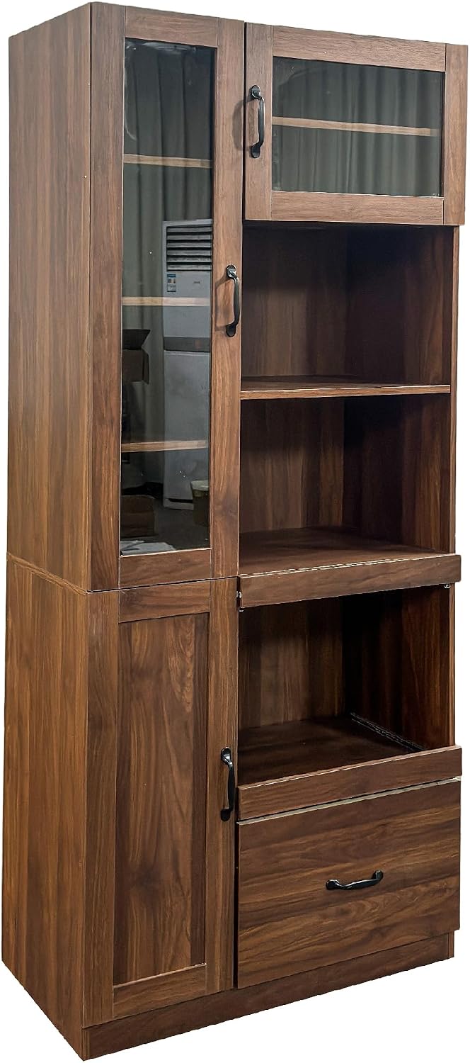 70.87" Tall Kitchen Pantry Storage Cabinet with Pull-out Trays, Farmhouse Hutch Cupboard with 3 Doors, Open Shelves and Drawer, Coffee Bar Cabinet with Microwave Stand for Dining Room, Coffee Bar