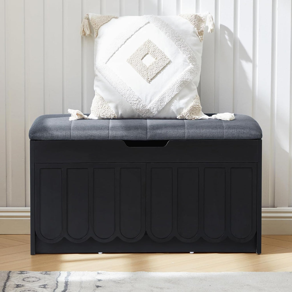 ORRD Shoe Storage Bench with Cushion, Entryway Shoe Cabinet Bench with 2 Scalloped Doors & Adjustable Shelf, 2-Tier Shoe Rack Organizer Cabine for Entryway, Hallway, Living Room (Black)
