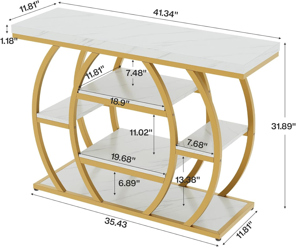 Tribesigns Modern Console Table, 41.3" Narrow Entryway Table with Storage Shelves & Faux Marble Top, 5-Tier Sofa Tables Behind Couch with Arched Metal Frame for Living Room, Hallway (Gold & White)