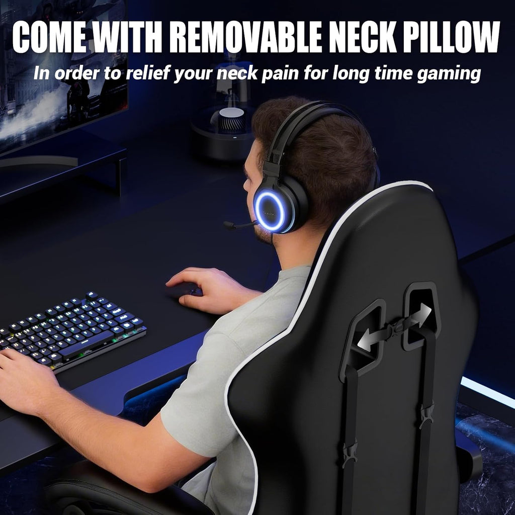 Czlolo Gaming Chair with Footrest Racing Style Lumbar Support Massager Video Game Chair with Metal Legs, High Back Reclining Gamer Chair with Headrest, 360° Swivel Office Computer Desk Chair (White)
