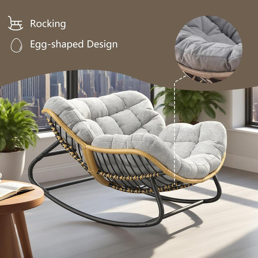 Papasan Rocking Chair with Comfy Thick Cushion, Oversized Outdoor Rocking Chair with Steel Frame, Wicker Rattan Lounge Rocker, Indoor Outdoor Egg Chair for Patio, Balcony, Living Room, Gray