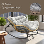 Papasan Rocking Chair with Comfy Thick Cushion, Oversized Outdoor Rocking Chair with Steel Frame, Wicker Rattan Lounge Rocker, Indoor Outdoor Egg Chair for Patio, Balcony, Living Room, Gray