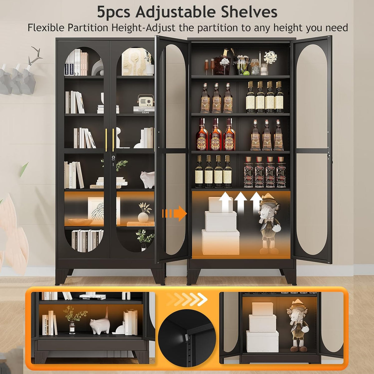 PAOFIN 75" H Locking Display Cabinet with Glass Door, Metal Curio Cabinets with 5 Adjustable Shelves, Tall Liquor Cabinet Display Case for Living Room, Wine, Clinic, Home - Assembly Required Black