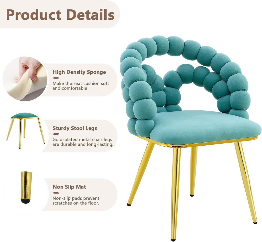 Puffy Bubble Ball Chain Chairs Set of 2, Modern Velvet Dining Chairs with Gold Legs, Contemporary Luxury Kitchen Chairs, Handcrafted Backrest, Lumbar Support, Suitable for Kitchen, Dining Room, Teal
