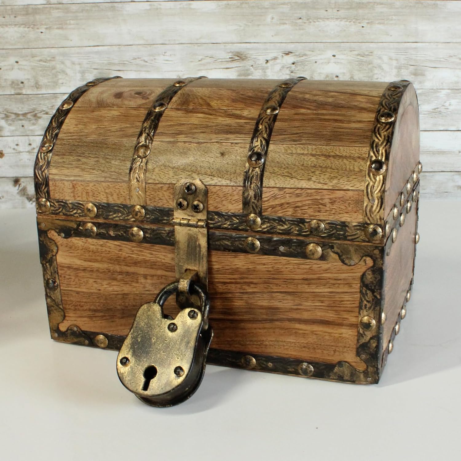 Nautical Cove Antiqued Finished Wood Treasure Chest with Decorative Rivets and Reinforcing Iron Strips with Lock and Skeleton Keys (Light Antique, Small 8 x 6 x 6)