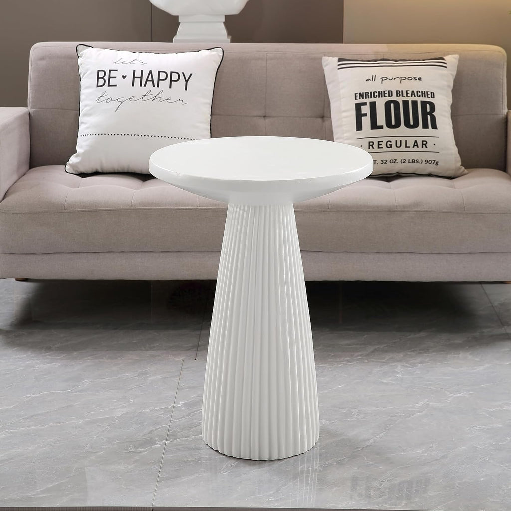 Henf 17.72" Round End Table for Indoor Outdoor, Fluted Pedestal Base, Magnesium Oxide, Waterproof, Unique Design MGO Accent Side Table Night Stand Bedside Table for Living Room Bedroom, White