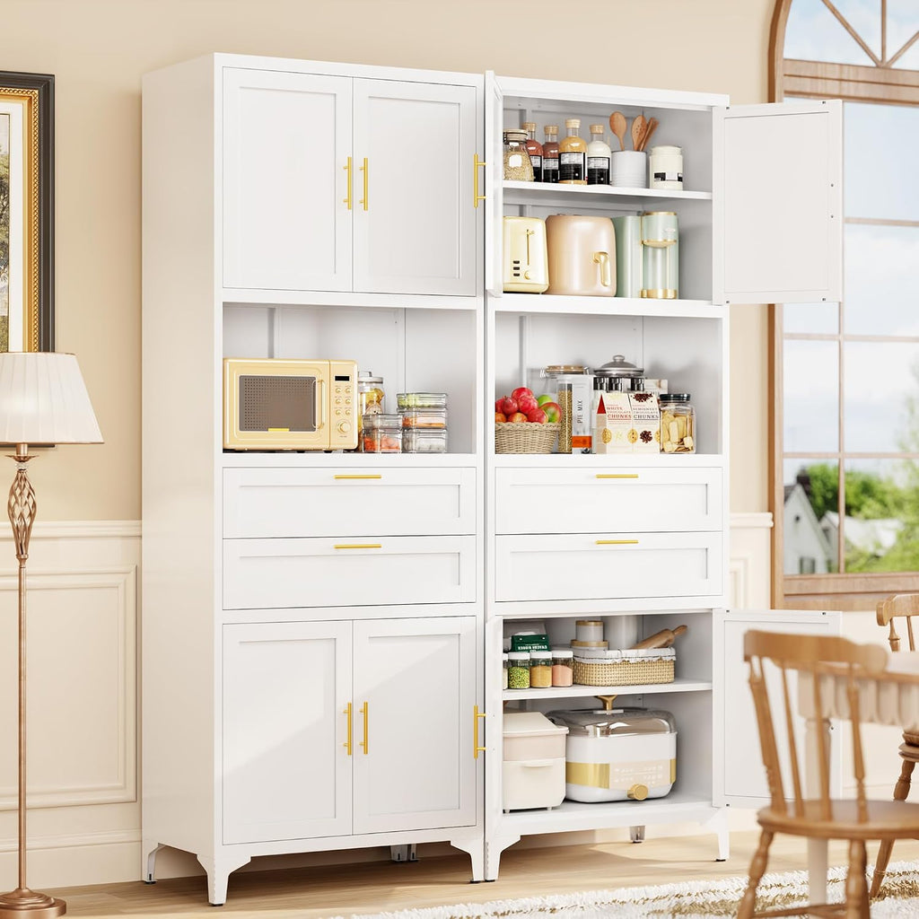 75” Tall Kitchen Pantry Storage Cabinet, Metal Bathroom Storage Cabinet with 2 Drawers and Adjustable Shelves, Kitchen Pantry Cupboard, Freestanding Cupboard for Bathroom, Living Room (White)