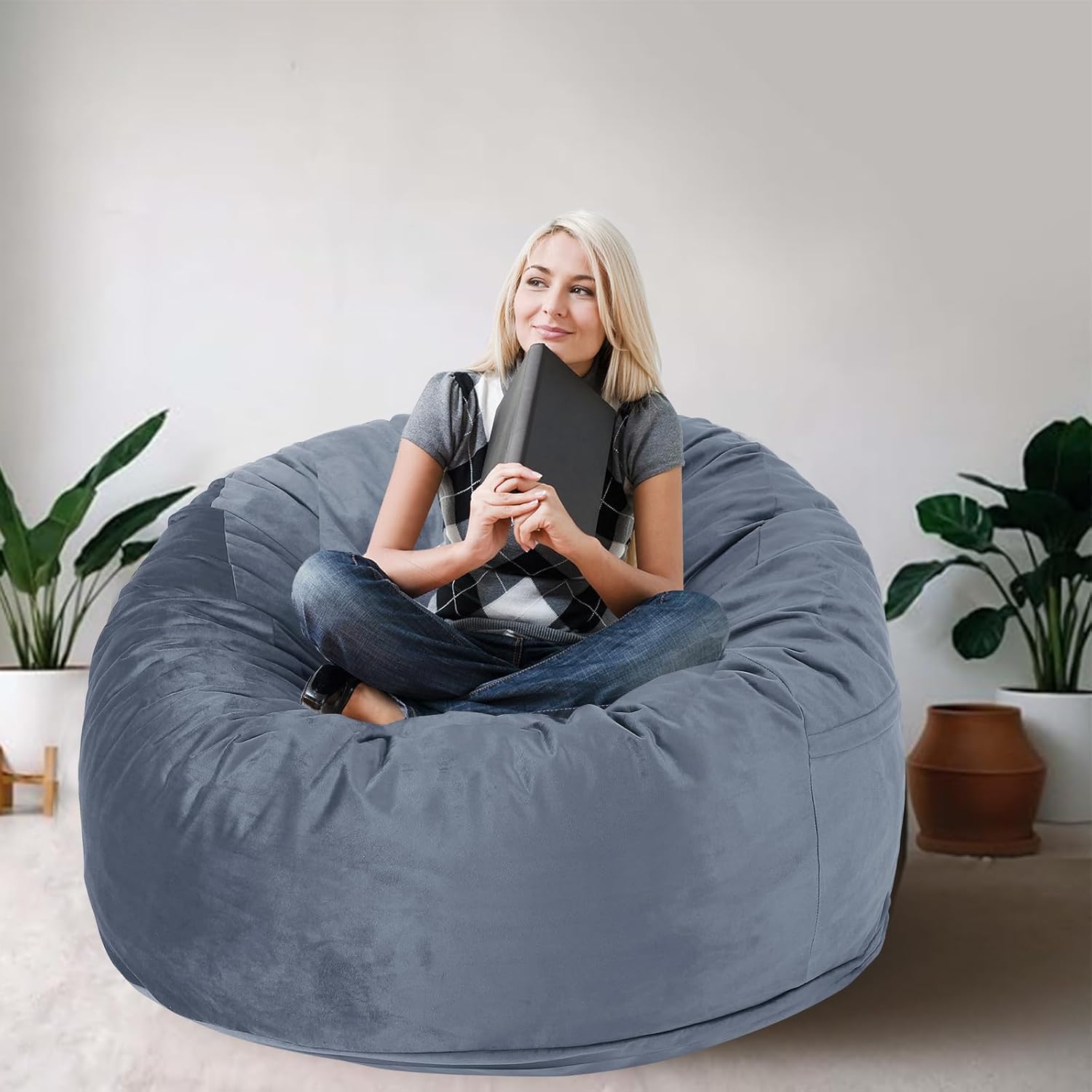 3 Feet Bean Bag Chair, Memory Foam Filled, Removable Cover, Bean Bag Chairs for Adults and Teens, Grey