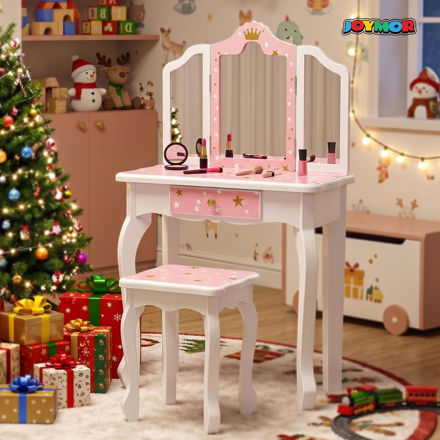 JOYMOR Kids Princess Vanity Table and Chair Set, Kids Vanity Set with Mirror, Makeup Dressing Table with Two 180° Folding Mirror for Girls Age 4-9
