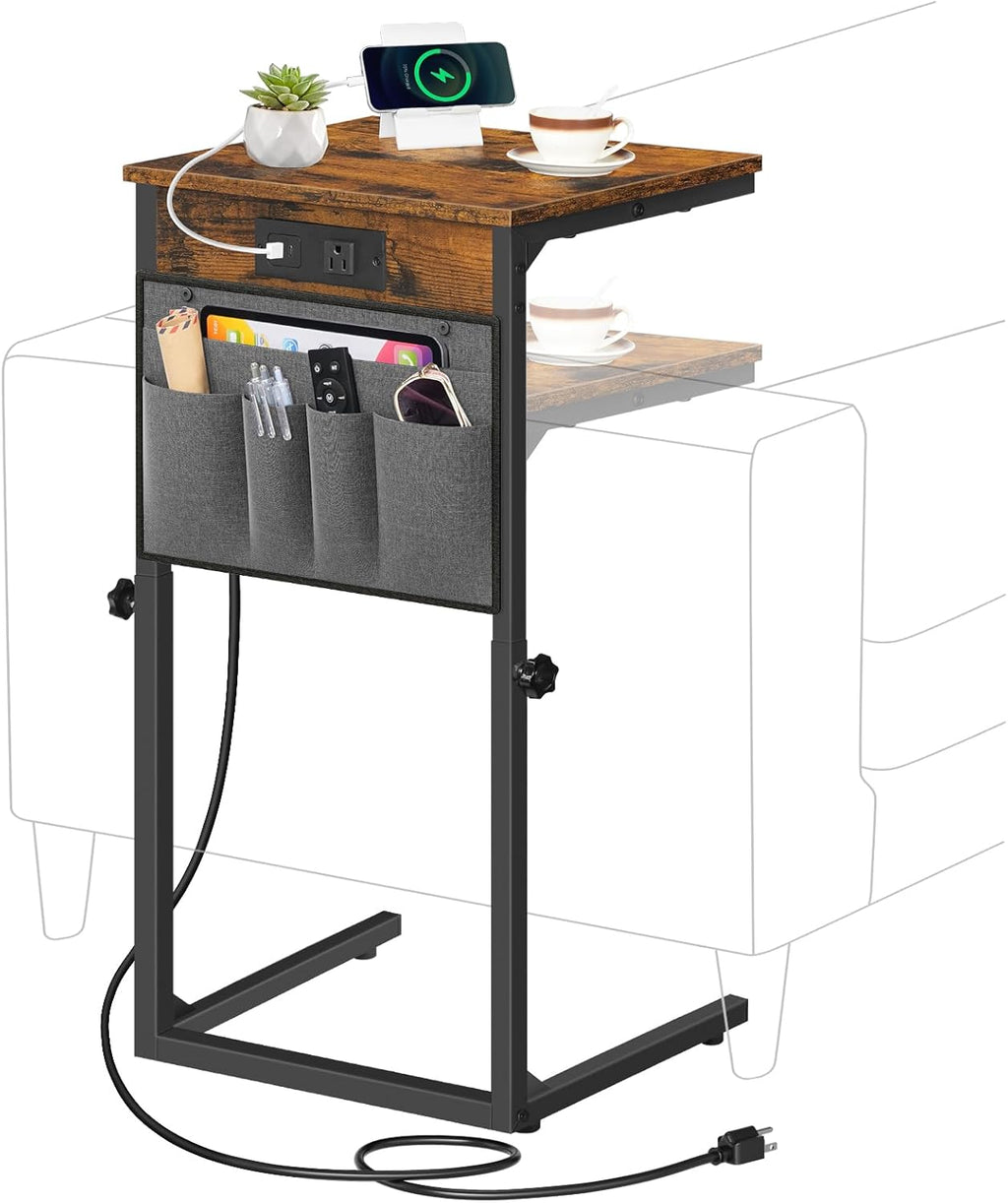 HOOBRO C Shaped End Table with Charging Station, 30” Adjustable Height Sofa Side Table with Storage Pocket, Slide Under Couch Table for Sofa Arm Tray, for Living Room, Bedroom, Rustic Brown BF77USF01