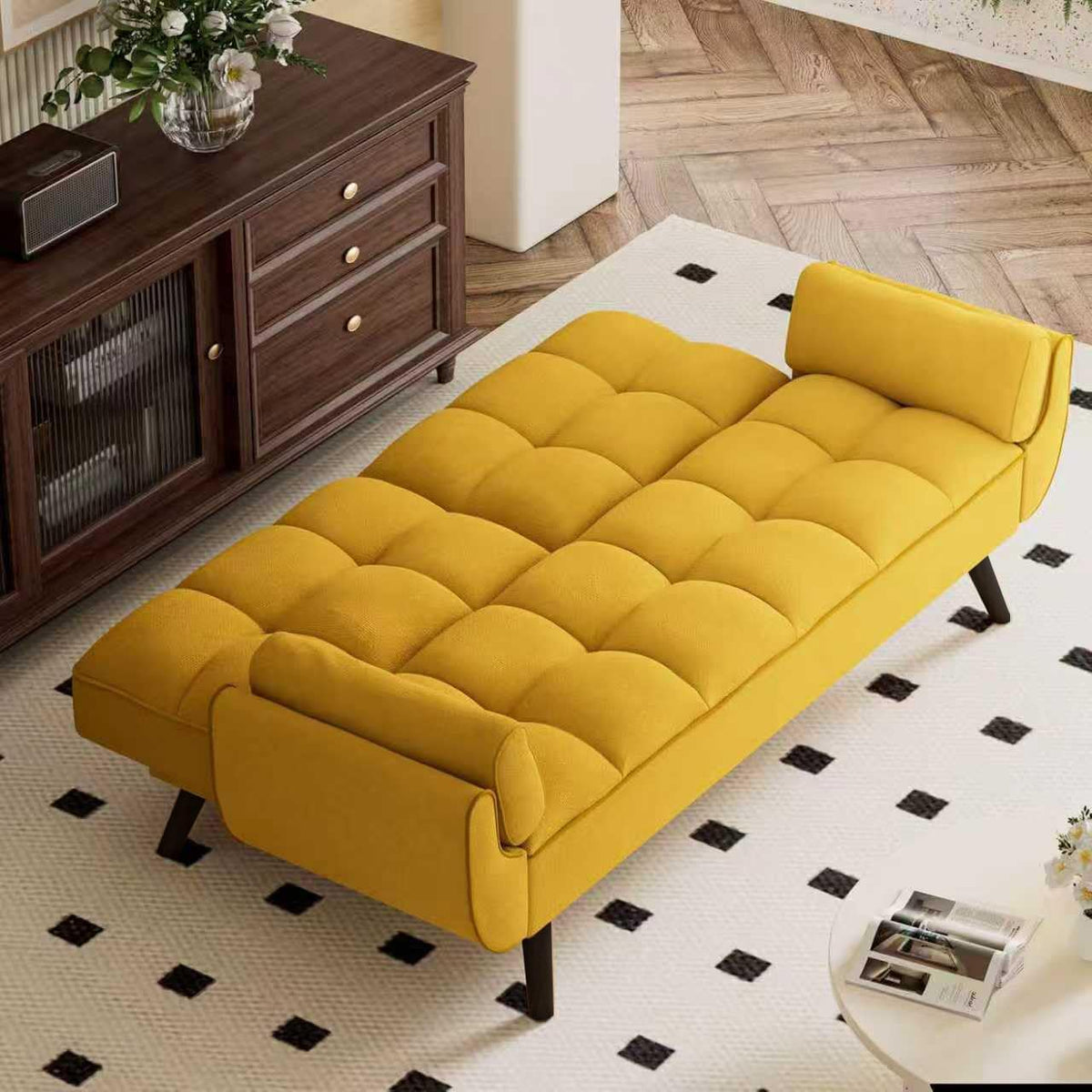 Convertible Folding Sofa Bed Futon,Modern Velvet Sleeper Bed Couches with 4 Adjustable Backrest Armrest,74"Comfy Recliner Sofa Loveseat with Chrome Legs for Living Room Apartment Small Home (Yellow)