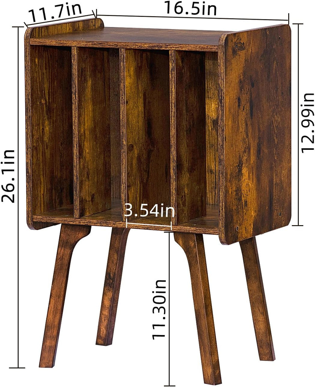 LELELINKY Small Record Player Stand, 4 Cabinet Vinyl Storage Table, Brown | Width 11.7 In, Up to 80 Albums, Vinyl Holder with Wood Legs, Turntable Stand Display Shelf for Bedroom and Living Room