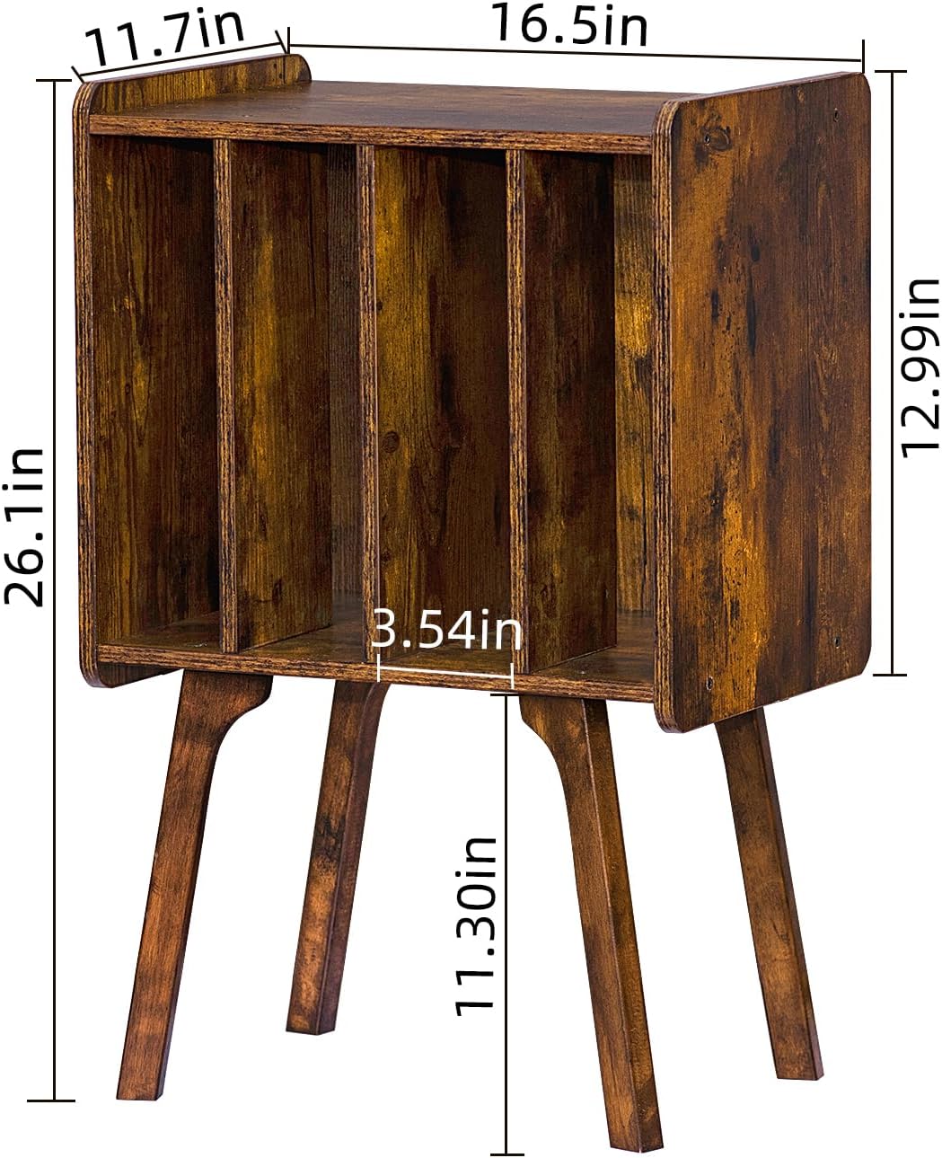 LELELINKY Small Record Player Stand, 4 Cabinet Vinyl Storage Table, Brown | Width 11.7 In, Up to 80 Albums, Vinyl Holder with Wood Legs, Turntable Stand Display Shelf for Bedroom and Living Room