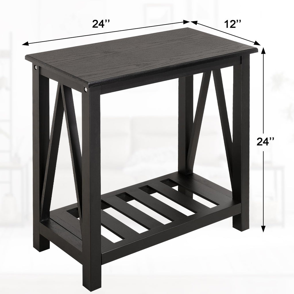 Narrow Side Table with Storage Shelf 2 Tier Wooden Nightstand Bedside Tables for Small Spaces Black Modern Accent Sofa Side Tables for Couch Living Room Bedroom Entryway