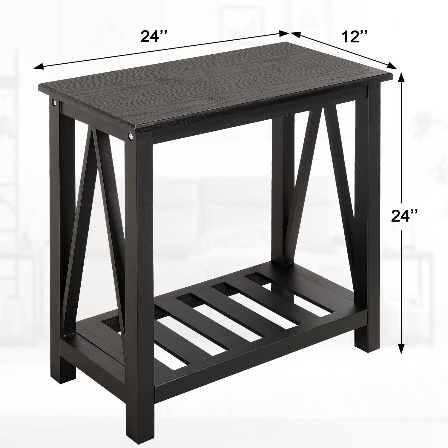 Narrow Side Table with Storage Shelf 2 Tier Wooden Nightstand Bedside Tables for Small Spaces Black Modern Accent Sofa Side Tables for Couch Living Room Bedroom Entryway
