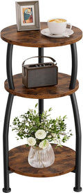 Small Round Side Table for Small Spaces, 3-Tier End Table with Storage Shelf, Slim Night Stand Sofa Corner Table for Living Room Bedroom, Patio and Corner, Rustic Brown