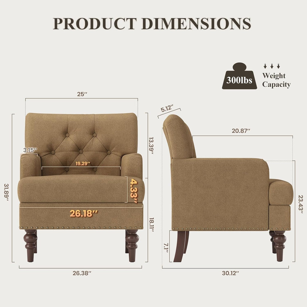 MALOL Upholstered Accent Chair Set of 2, Comfy Reading Chair for Living Room, Mid Century Modern Armchair with Thick Cushion & Solid Rubberwood Legs, for Bedroom/Small Spaces, Brown