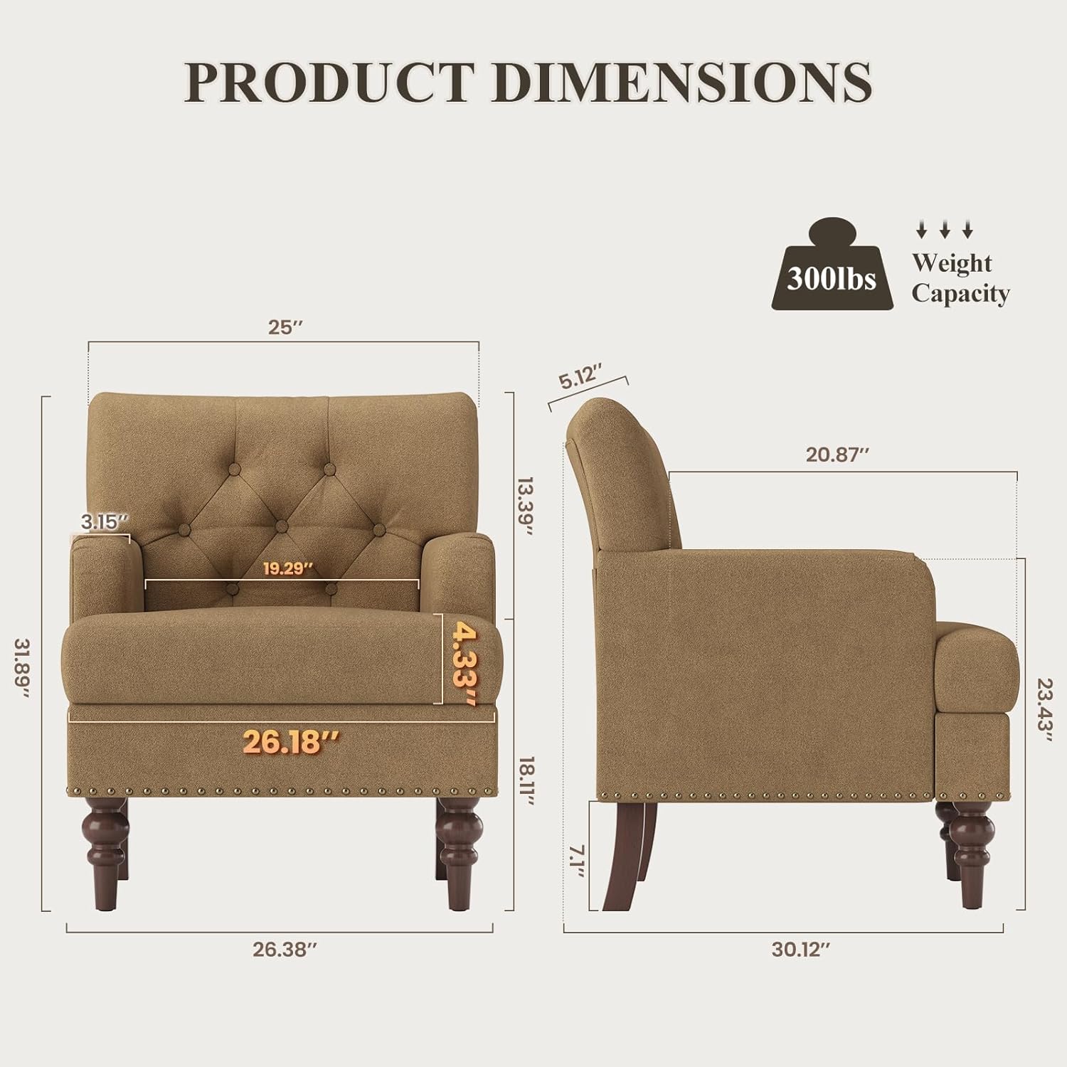 MALOL Upholstered Accent Chair Set of 2, Comfy Reading Chair for Living Room, Mid Century Modern Armchair with Thick Cushion & Solid Rubberwood Legs, for Bedroom/Small Spaces, Brown
