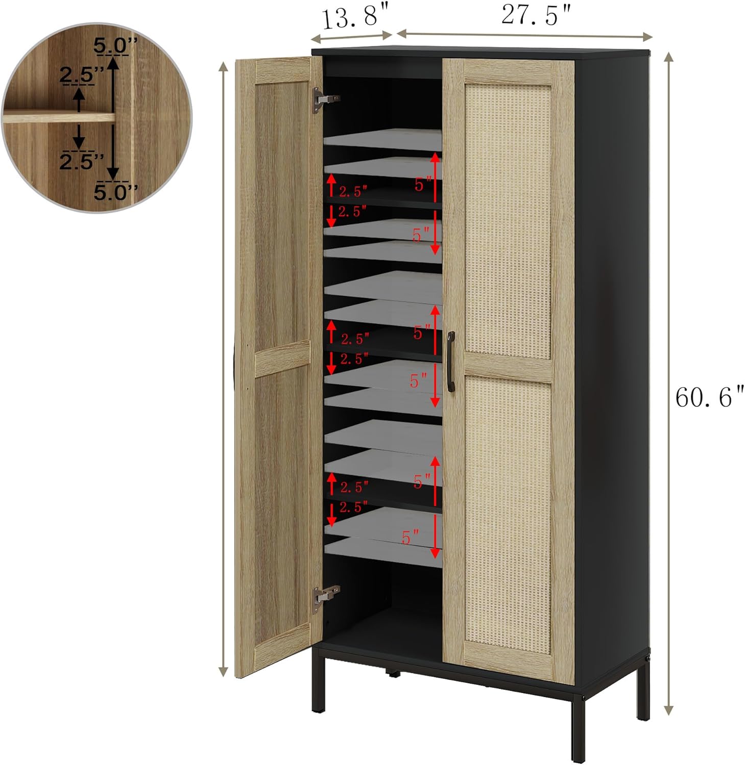 60" Tall Kitchen Pantry with 2 Rattan Doors and 3 Adjustable Shelves,Freestanding Cupboard Storage Cabinet for Kitchen, Laundry Room, Dinning Room and Living Room,Black