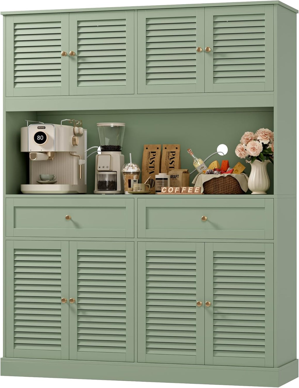 HIFIT 71“HX55“W Large Pantry Cabinet for Food Storage, Farmhouse Kitchen Hutch with Storage Drawers, Tall Kitchen Pantry Cabinet with Microwave Stand for Dining Living Room, Green