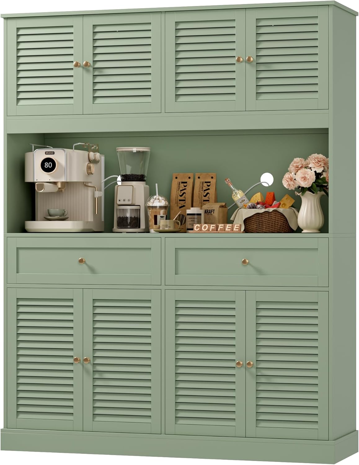 HIFIT 71“HX55“W Large Pantry Cabinet for Food Storage, Farmhouse Kitchen Hutch with Storage Drawers, Tall Kitchen Pantry Cabinet with Microwave Stand for Dining Living Room, Green