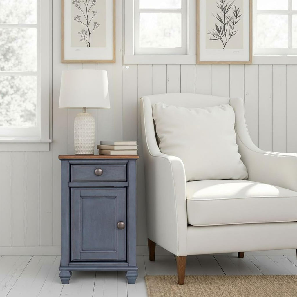 Bridgevine Home Americana 14” Chairside Table – Narrow Farmhouse End Table with Drawer & Cabinet Storage, Fully Assembled Accent Table, Corduroy Blue Finish, Antique Pewter Hardware
