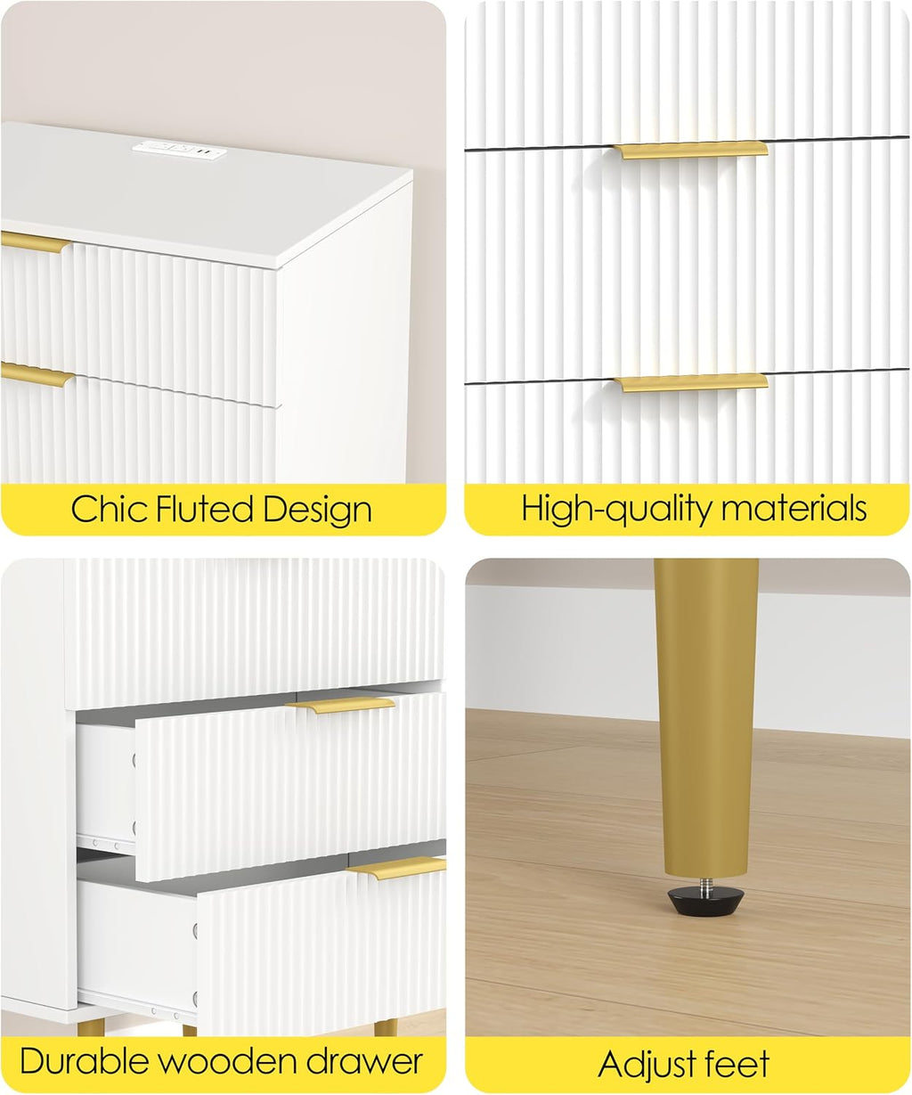 Akxomel Fluted Nightstand Side Table with Charging Station White Bedroom | 3 Drawer Nightstand with Charging Station, Modern Bedside Table, 15.7"D x 23.2"W x 27.5"H, for Bedroom