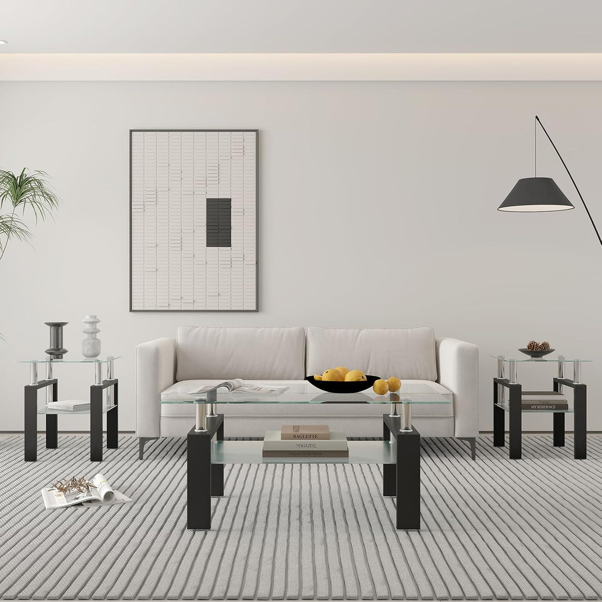 ODUSE-DAILY Glass Coffee Table - Black Metal Frame Set of 3 Living Room Table Set