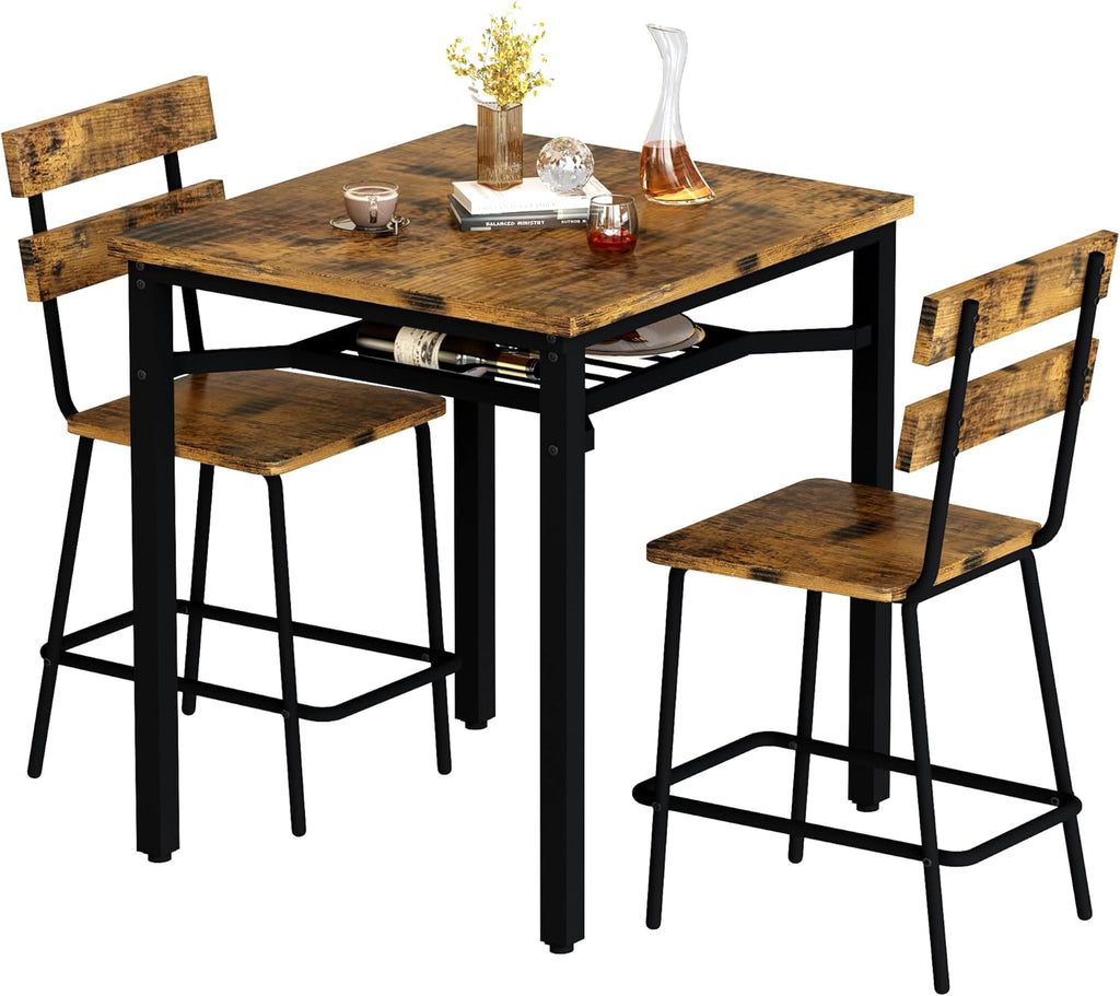 Hooseng 3 Piece Bar Table and Chairs Set, Counter Height Small Dining Table with 2 Bar Stools, Farmhouse Square Kitchen Table with Storage for Bistro, Pub, Small Space