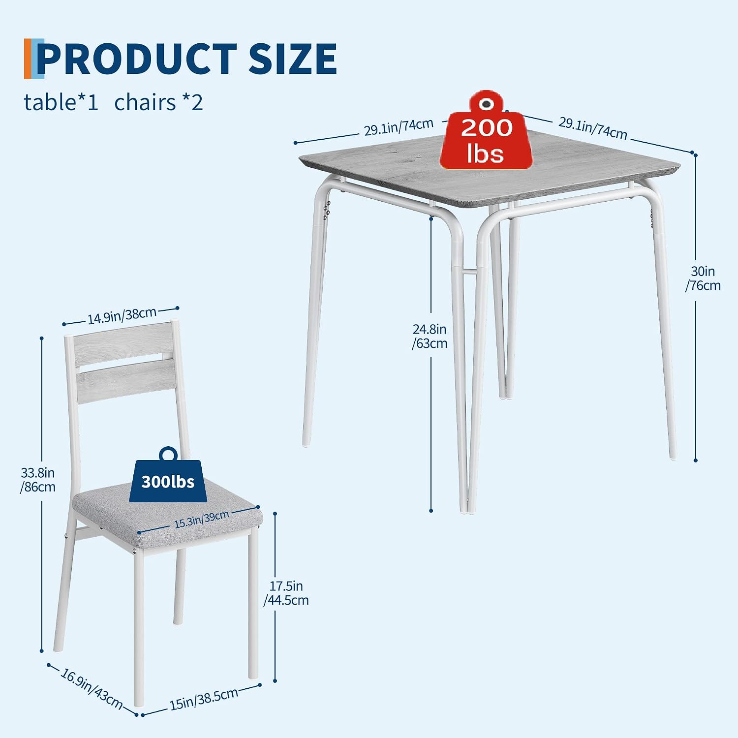 GAOMON 3-Piece Dining Table Set, Sturdy Wooden Square Table and Chair Breakfast Table Set for 2 Person,for Home or Commercial Dining Room,White+ Grey