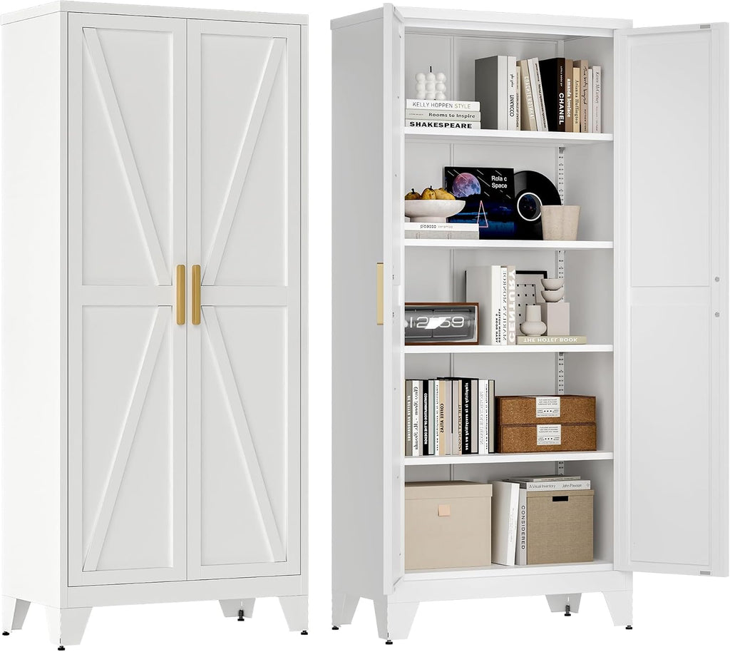 Washsemba 71'' Farmhouse Metal Storage Cabinet with Barn Doors,Steel File Cabinet for Home Office,Kitchen Pantry 4 Adjustable Shelves,Freestanding Cupboard for Kitchen,for Home Office,School (White)