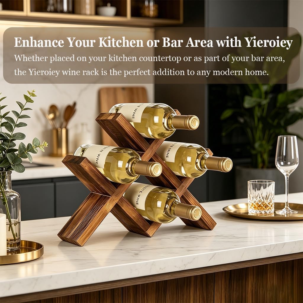 Premium Pinewood Wine Rack, Elegant 4-Bottle Countertop Wine Holder with Cross Design, Sustainable Natural Wood Wine Storage for Modern Homes, Bars & Kitchens (White)