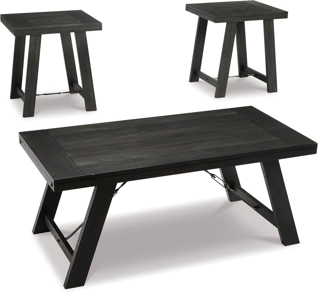 GTU Furniture Casual Engineered Wood Rectangular 3-Piece Coffee Table Set, Cocktail Table with 2 Matching End Tables, Black/Pewter Finish for Living Room