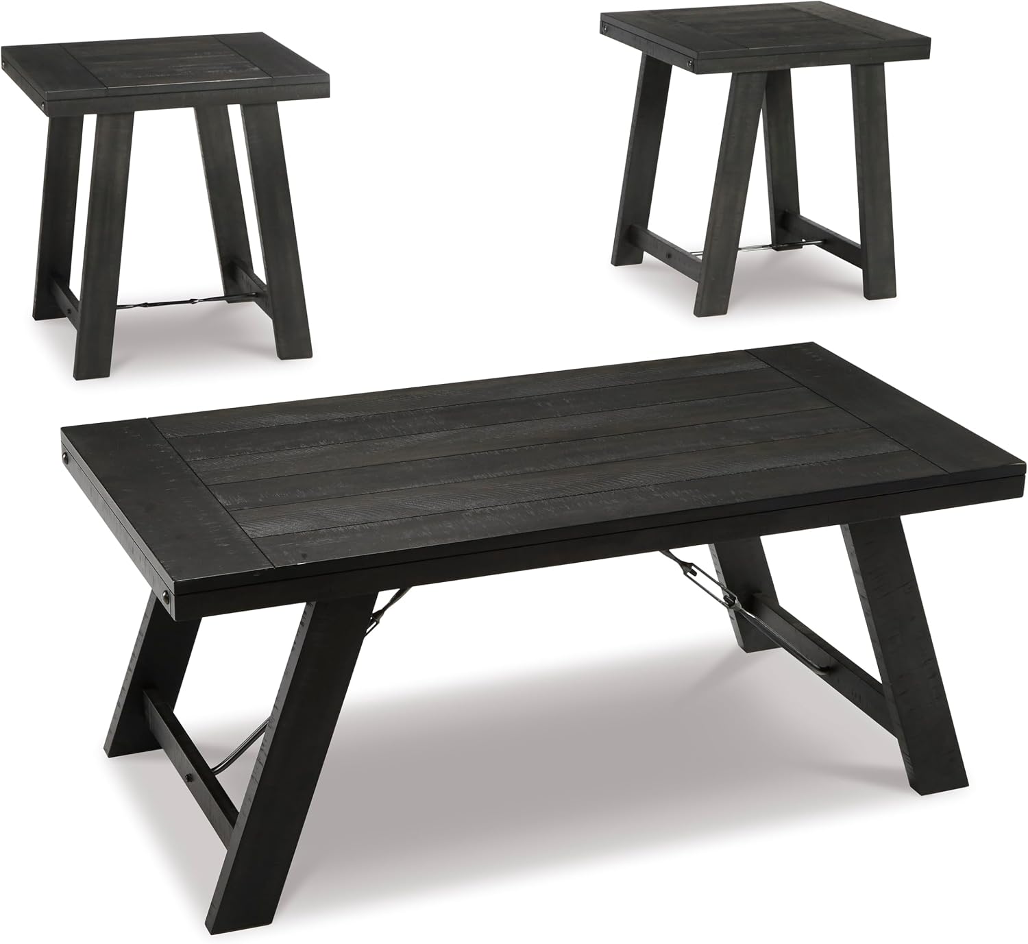 GTU Furniture Casual Engineered Wood Rectangular 3-Piece Coffee Table Set, Cocktail Table with 2 Matching End Tables, Black/Pewter Finish for Living Room