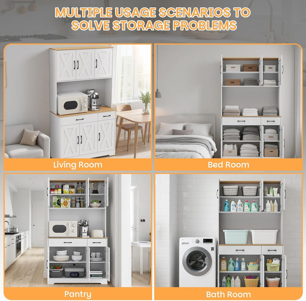 42" Tall Kitchen Pantry Storage Cabinet with Microwave Stand, with Charging Station, Farmhouse Food Pantry with Drawers for Living Room,Dining Room (White)