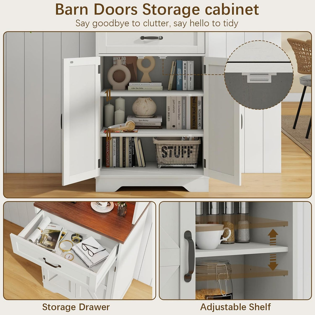 Vabches 68" Farmhouse Storage Cabinet with LED Light & Charging Station, Tall Kitchen Pantry Storage Cabinet with Storage Drawers, Coffee Bar with Hutch for Home Dining Living Room, Rustic White
