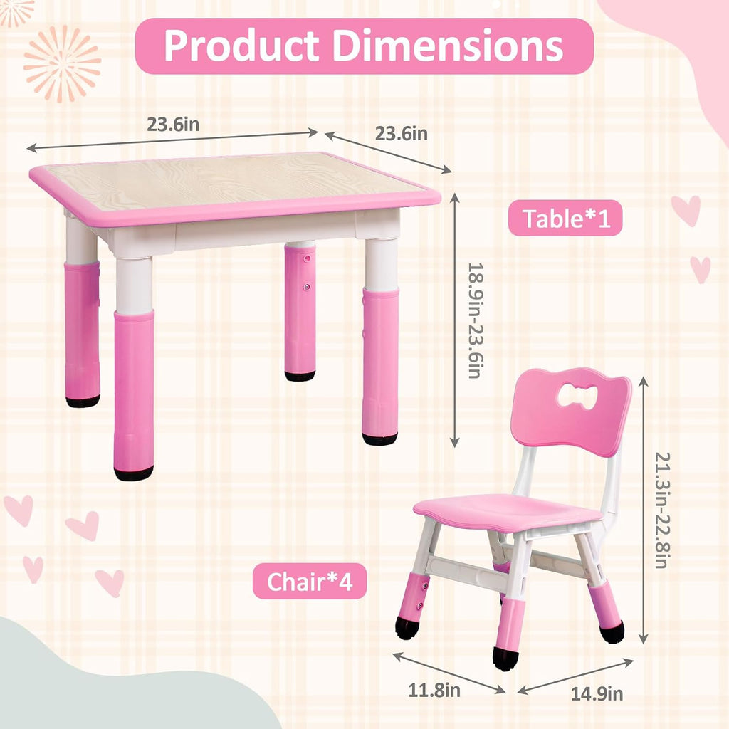 Kids Table and Chairs, Height Adjustable Toddler and 4 Chair, Multi-Activity with Graffiti Desktop Non-Slip Legs for Ages 2-10, Children Activity for Daycare, Classroom, Home