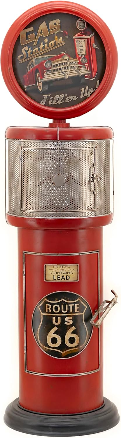 Zaer Ltd. Vintage Style Gas Pump Wine Rack with LED Light Accents, Route 66 Design, 70.5" Tall Metal Storage Display Cabinet, Red