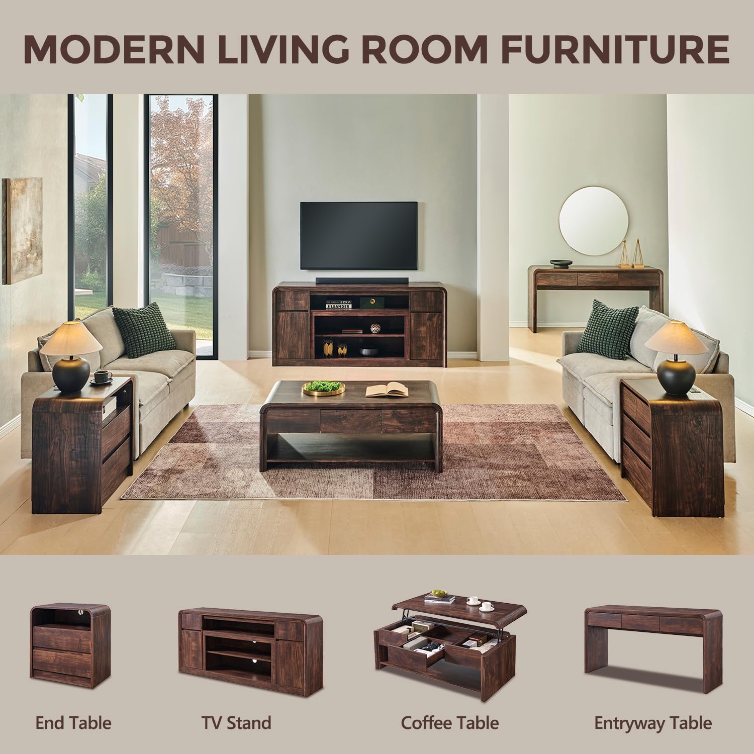 63" Console Table with 3 Drawers, Wood Entryway Table with Storage, Brown | Modern Behind Couch Table with Curved Profile Design, Narrow Long Sofa Table Behind Couch for Living Room, Hallway, Foyer