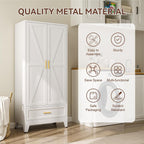 Metal Wardrobe Closet Hanging Rod 71" Tall, Heavy Duty Steel Armoire Wardrobe Cabinet, Clothing Storage Cabinet for Bedroom, Office, Laundry Room, 1 Drawer, White