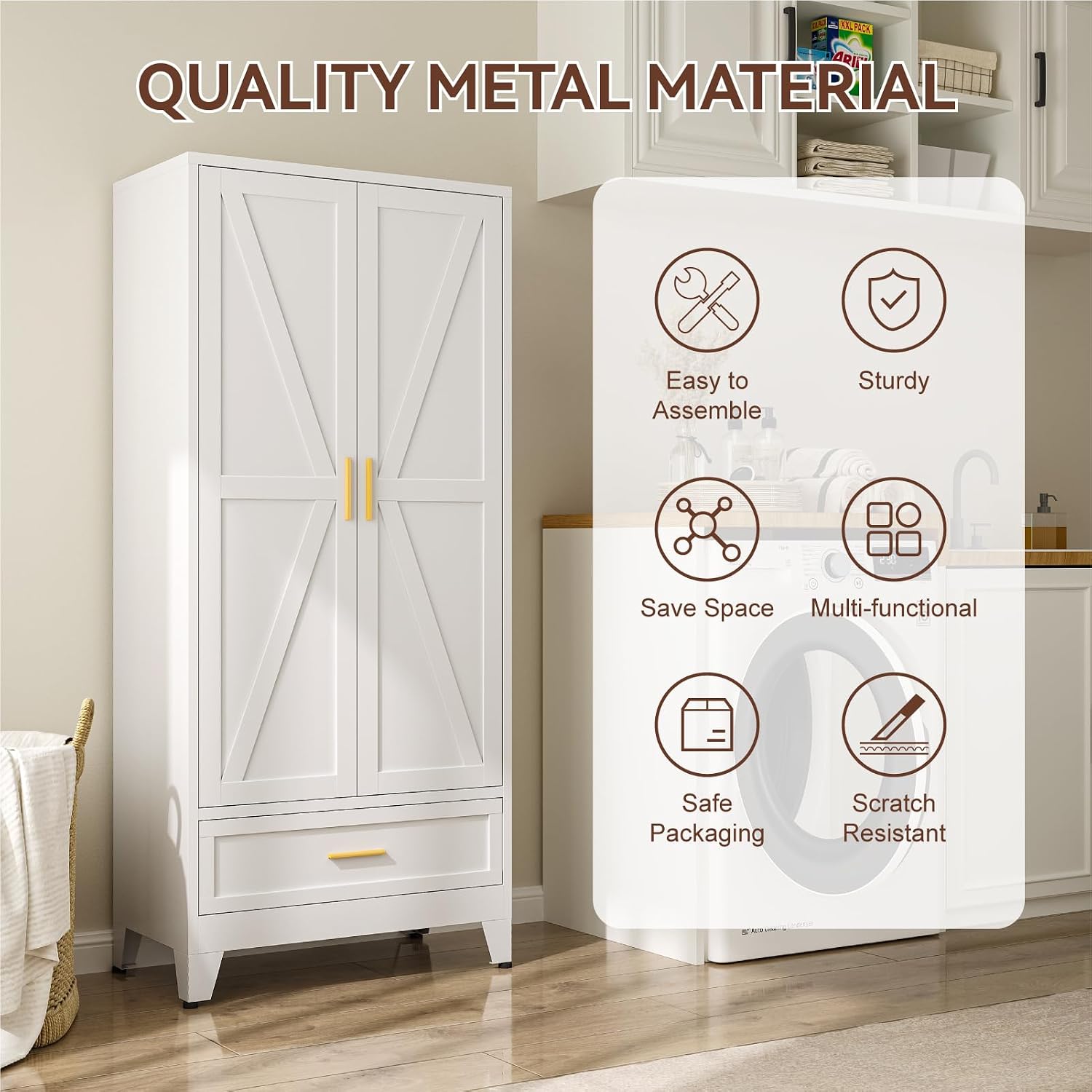 Metal Wardrobe Closet Hanging Rod 71" Tall, Heavy Duty Steel Armoire Wardrobe Cabinet, Clothing Storage Cabinet for Bedroom, Office, Laundry Room, 1 Drawer, White