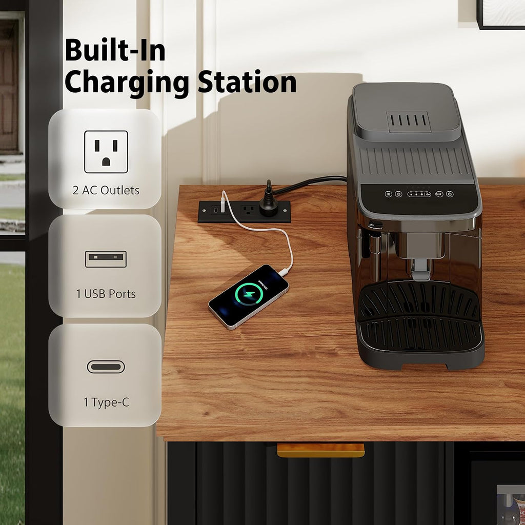 Coffee Bar with Mini Fridge Space & Charging Station, Modern Fluted Mini Fridge Cabinet, Large Bar Cabinet with Wine & Beverage Storage for Kitchen, Dining Room or Living Room