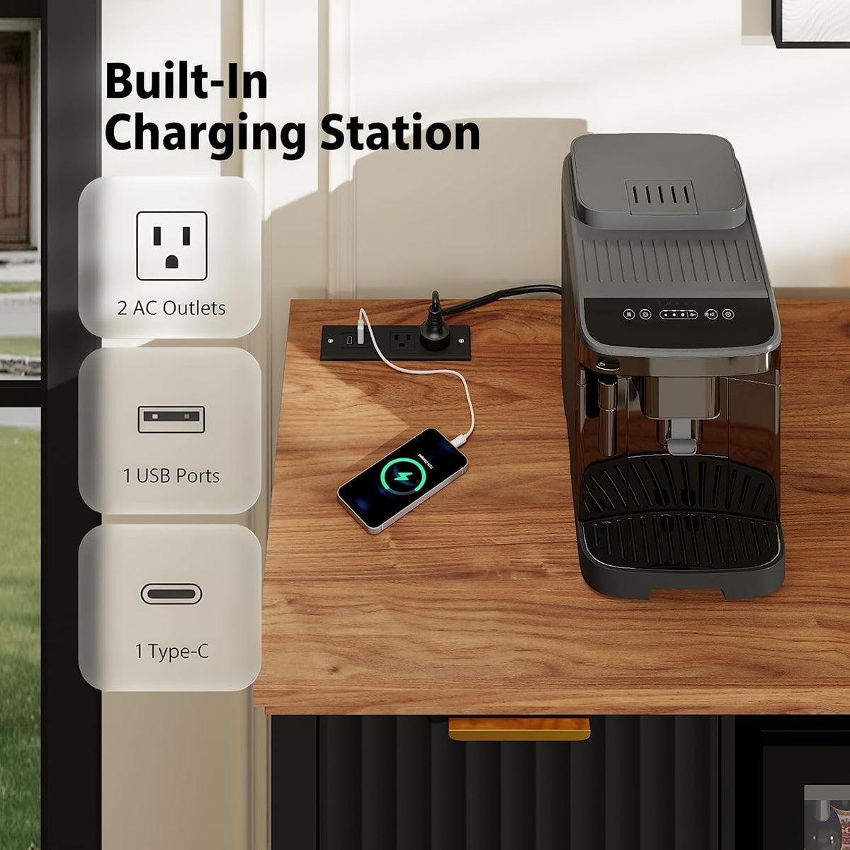 Coffee Bar with Mini Fridge Space & Charging Station, Modern Fluted Mini Fridge Cabinet, Large Bar Cabinet with Wine & Beverage Storage for Kitchen, Dining Room or Living Room