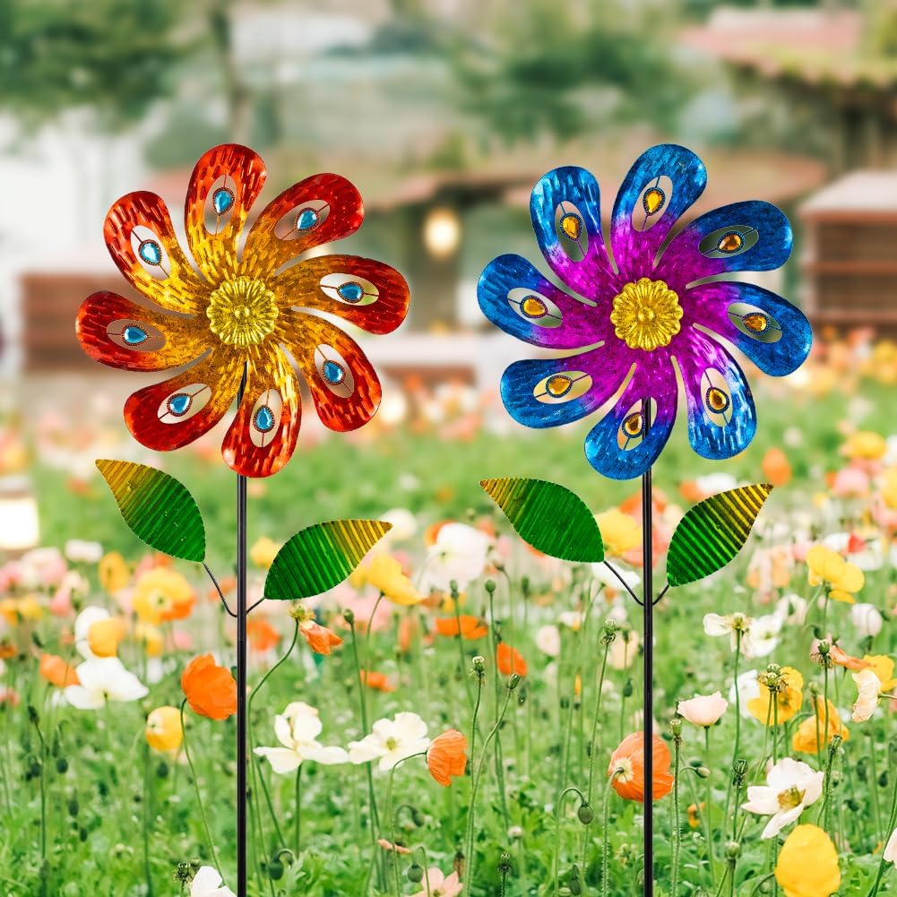 2 Packs Wind Spinners Outdoor, Metal Wind Sculptures & Spinners with Stake, Colorful Flower Windmill for Yard Patio Lawn Garden Decor, 36 x 9 Inches