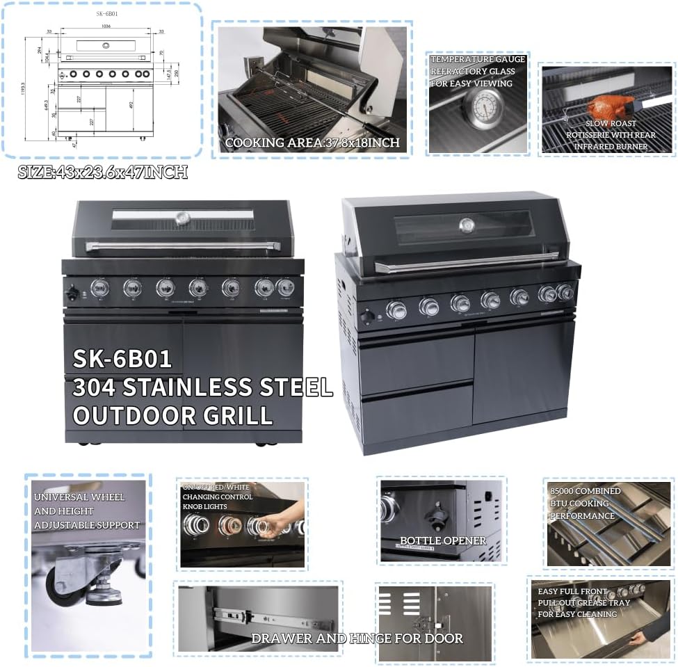 82 Inch 304 Stainless Steel Outdoor Integrated BBQ Kitchen Station (Black) | All-in-one 12-zone outdoor cooking station with 72000 BTU grill, built-in fridge & sink, rolling base for patio backyard