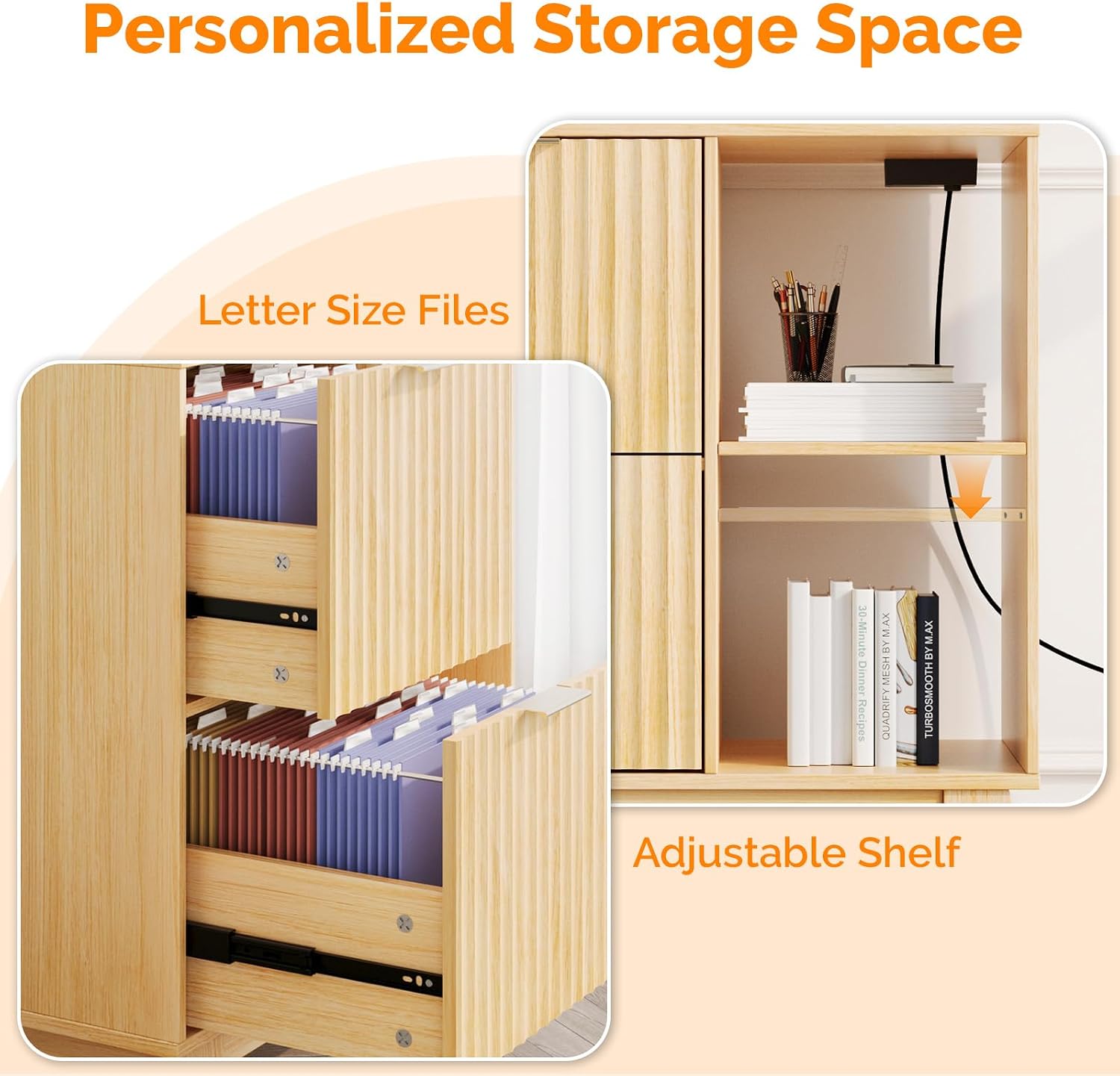 VINGLI Tall 2 Drawer File Cabinet with Adjustable Shelves, Home Office Filing Organizer for Letter Size File Folder Storage, Fluted Design, Wood Filing Cabinet with Socket, Printer Stand (Oak)