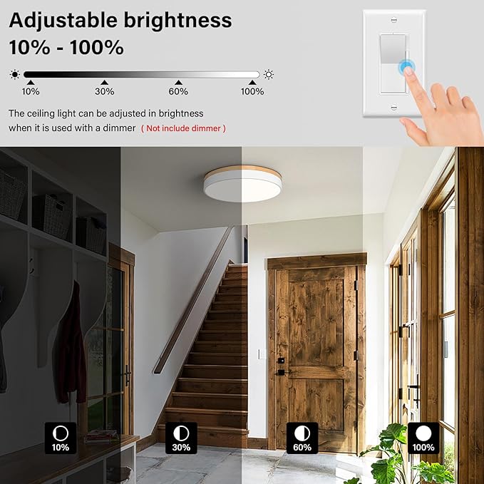 Modern Dimmable LED Close to Ceiling Light Minimalist Wood Oak Flush Mount Ceiling Light Fixture Circle Lighting with Lampshade for Bedroom Living Room Bathroom Laundry Room (White, 15.7'')