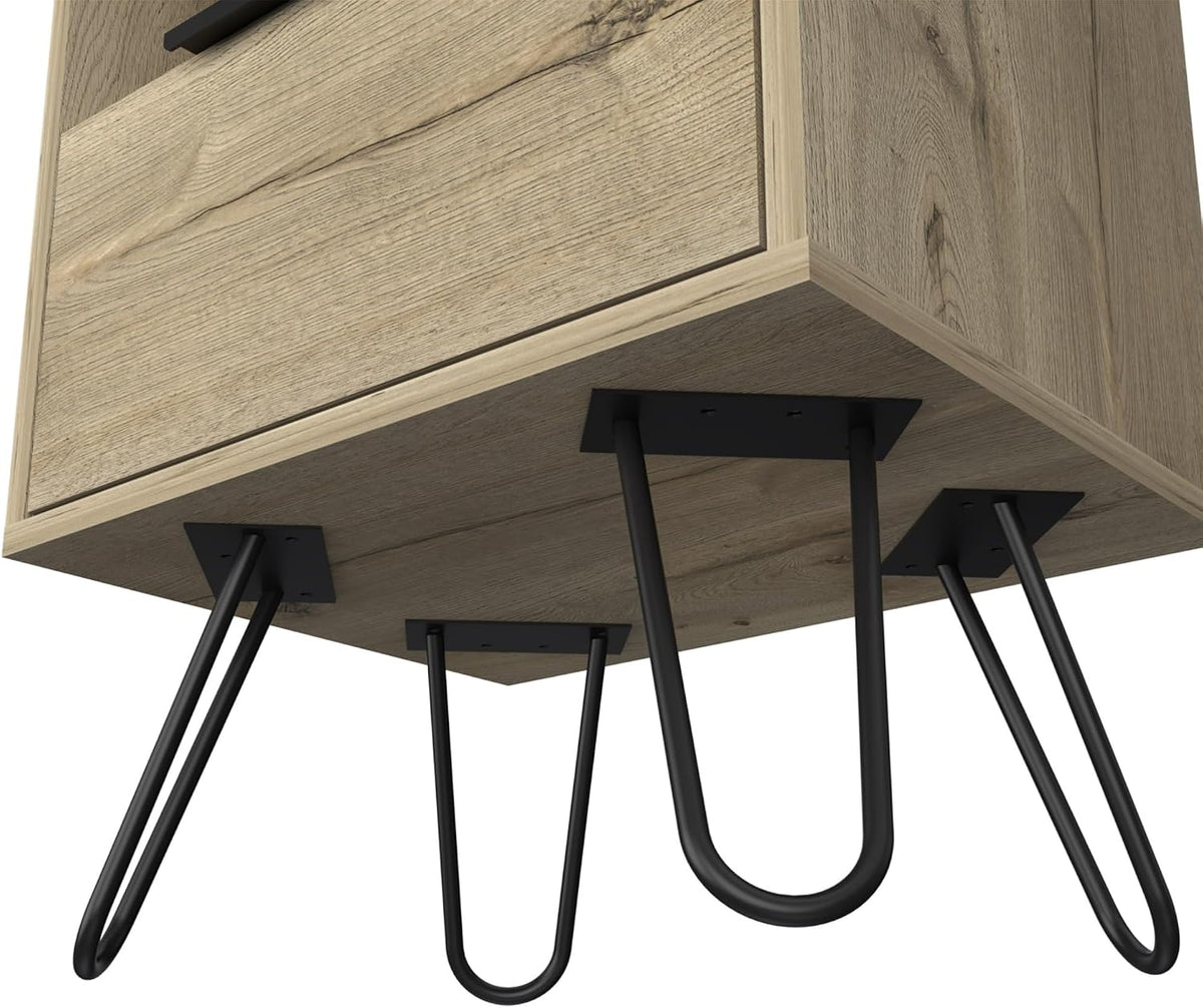 Nightstand 22" H, One Open Shelf, Single Door Cabient, Hairpin Legs, Light Oak,for Small Spaces
